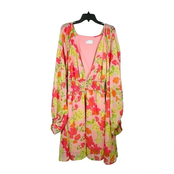 ASOS Curve Floral Soft Shirred Waist Mini‎ Dress Peach Floral Women Plus Size 26 - Picture 3 of 11